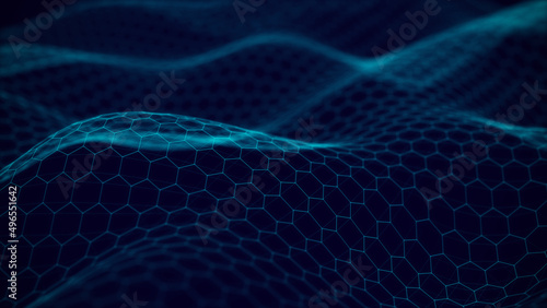 Dynamic particles wave. Blue hexagons on black background. Digital landscape. 3d rendering. Futuristic hexagon illustration. HUD element.