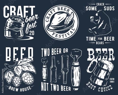 Craft beer brewery emblem set with hops seed, bavarian hat and bear with mug of beer