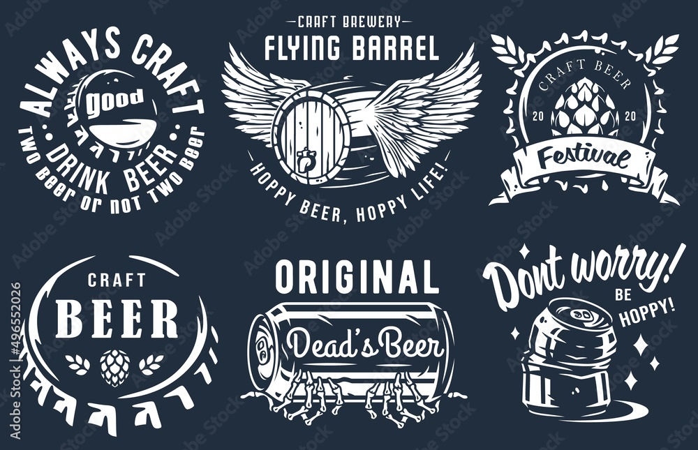 Obraz premium Craft beer brewery emblem set with cork and barrel, can with skeleton