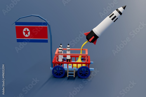 Launch of a ballistic nuclear missile. North Korean flag map.nuclear test missile.
3d rendering.
