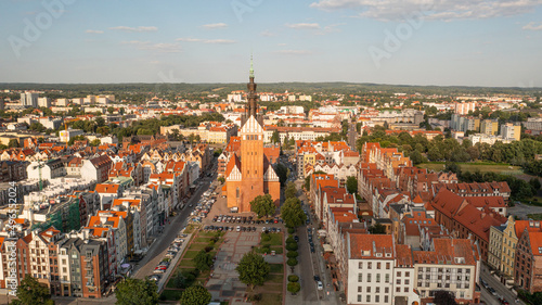Aerial photo from drone to of old town of Elblag in Poland in during the beautiful summer sunset. (Series)