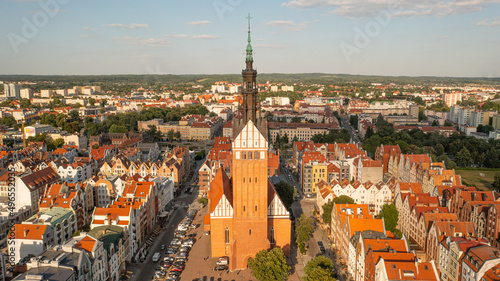 Aerial photo from drone to of old town of Elblag in Poland in during the beautiful summer sunset. (Series)
