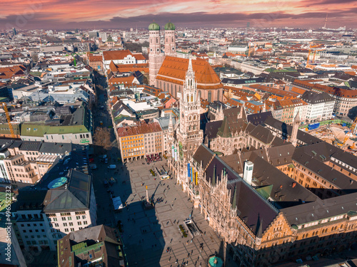 Munich aerial panoramic architecture, Bavaria, Germany. Frauenkirche and town hall on Marienplatz