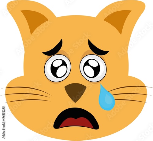 Vector illustration of a cartoon cat face with a sad expression, crying with a tear falling from his eye