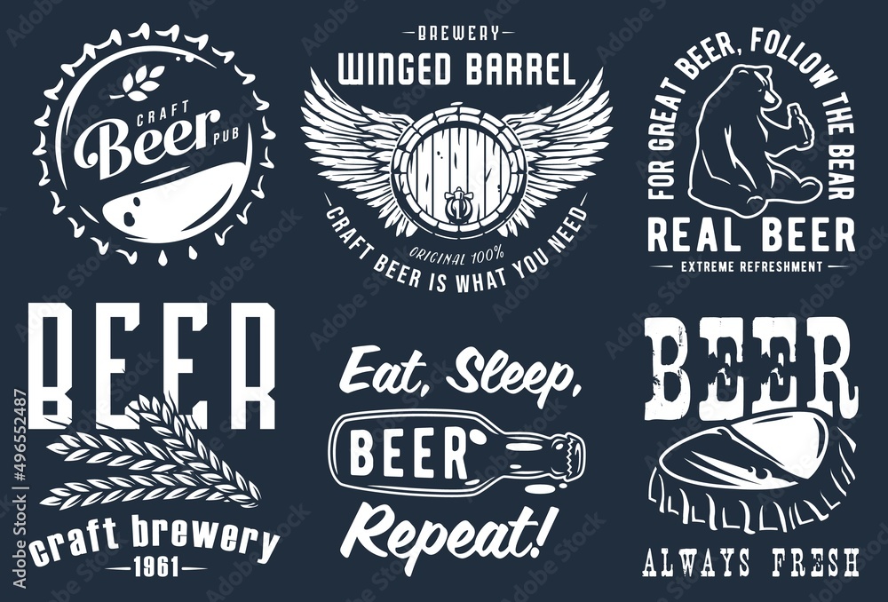 Craft beer brewery emblem set with cork and barrel, barley and bear with bottle of beer Craft beer brewery emblem set with cork and barrel, barley and bear with bottle of beer