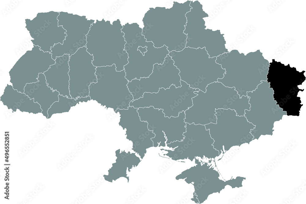 Black flat blank highlighted locator map of the Ukrainian administrative area of LUHANSK OBLAST inside gray flat map of UKRAINE