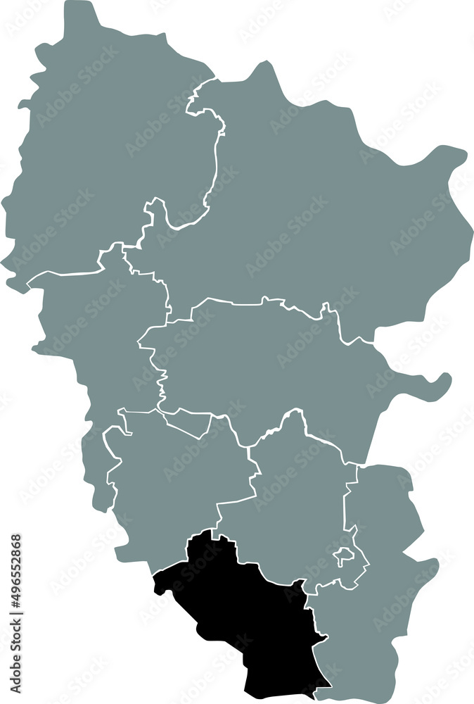Fototapeta premium Black flat blank highlighted location map of the ROVENKY RAION inside gray raions map of the Ukrainian administrative area of Luhansk Oblast, Ukraine