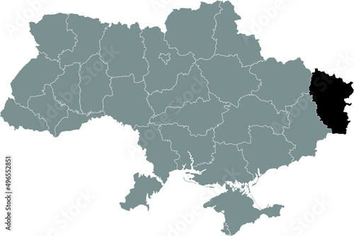 Black flat blank highlighted locator map of the Ukrainian administrative area of LUHANSK OBLAST inside gray flat map of UKRAINE