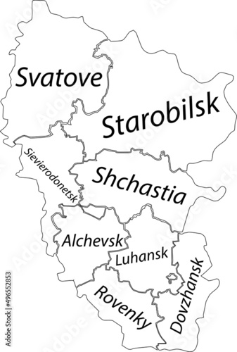 White flat vector map of raion areas of the Ukrainian administrative area of LUHANSK OBLAST, UKRAINE with black border lines and name tags of its raions