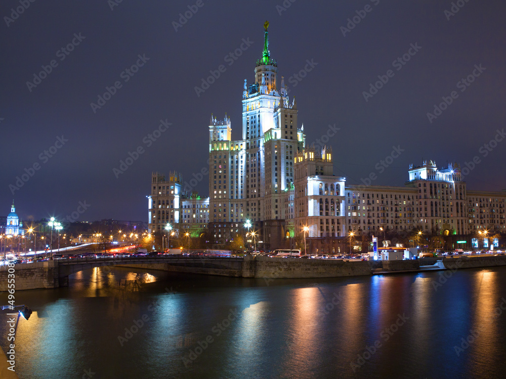 Evening picture of high building on river. Moscow, Russia Evening picture of high building on river. Moscow, Russia