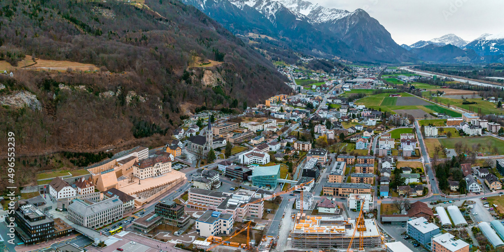 Naklejka premium Aerial view of Vaduz - the capital of Liechtenstein. Beautiful city of Liechtenstein.