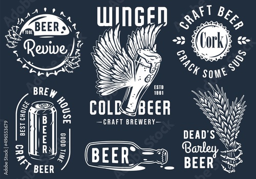 Craft beer brewery emblem set with cork and barrel, barley and bear with bottle of beer