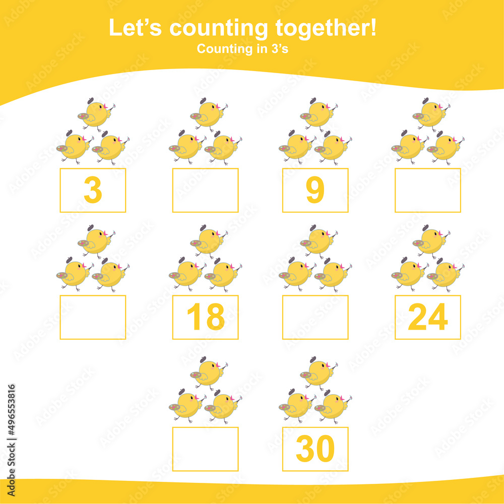 Fototapeta premium Counting the easter chicks for Preschool Children. Counting multiples of three. Educational printable math worksheet. Additional worksheet for kids. Vector illustration.