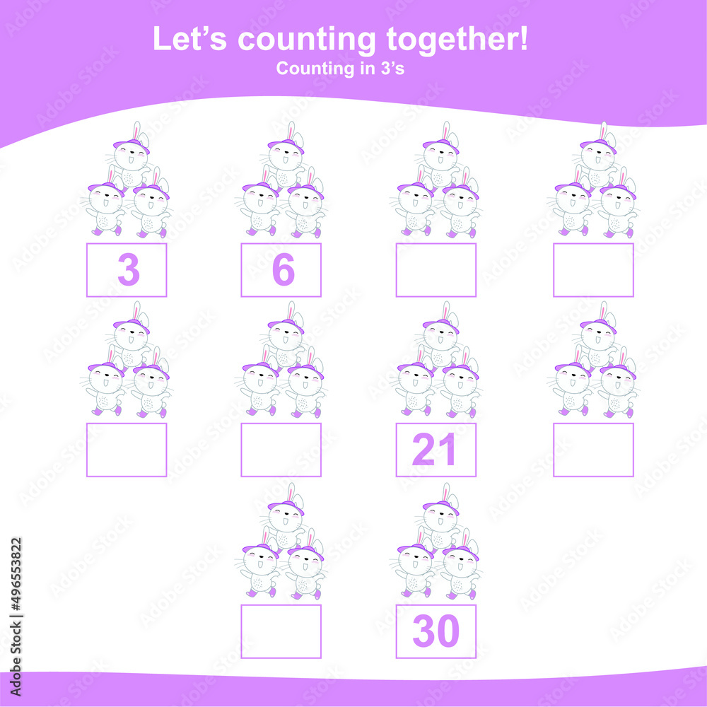 Counting the easter bunny for Preschool Children. Counting multiples of three. Educational printable math worksheet. Additional worksheet for kids. Vector illustration. Counting the easter bunny for Preschool Children. Counting multiples of three. Educational printable math worksheet. Additional worksheet for kids. Vector illustration.