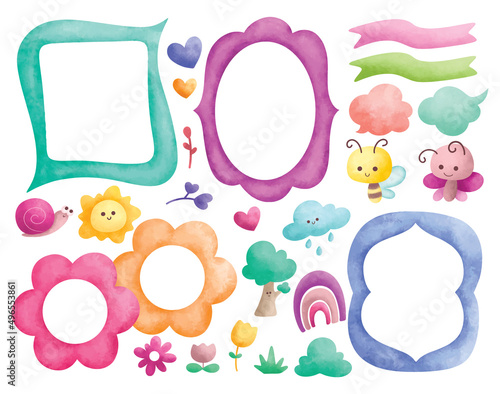 water color style frame with cartoon animals, flowers and tree, doodles vector illustration