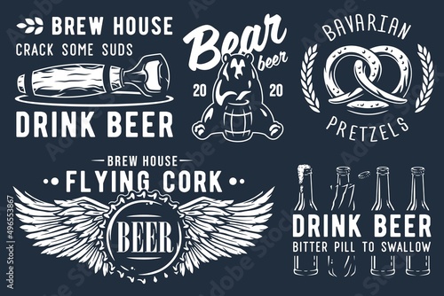 Craft beer brewery emblem set with cork and barrel, bavarian pretzel and bear with bottle of beer