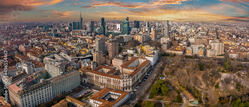Milan skyline, Italy. Panorama of Milano city with the Porto Nuovo business district. Panoramic view of Milan in summer from above. Cityscape of Milan with the tall modern buildings. © Aerial Film Studio