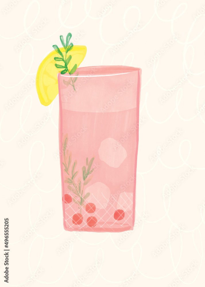 Illustration of a drink with a lemon wedge and berries in a pink glass