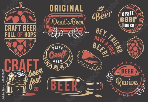 Craft beer brewery emblem set with beer bottle metal cork and can with skeleton