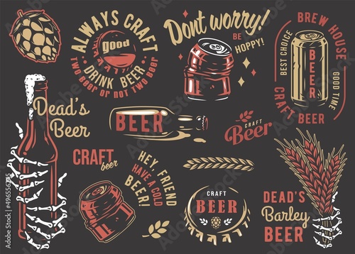 Craft beer brewery emblem set with beer bottle metal cork and can with skeleton, barrel with barley