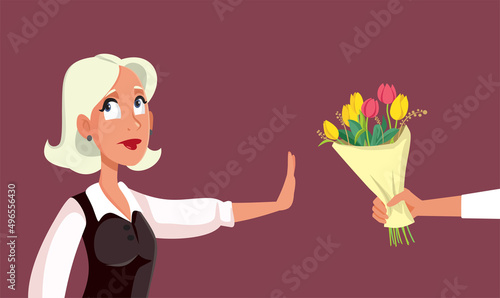 Displeased Woman Refusing Floral Bouquet Vector Cartoon Illustration
