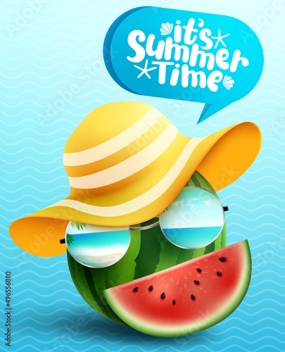 Summer character vector design. Watermelon emoji with It's summer time text in speech bubble for tropical season creative fruit face character. Vector illustration.

