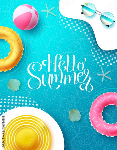 Summer vector poster design. Hello summer greeting text in sea water pattern with floaters, hat and beach ball elements for relax tropical season. Vector illustration.
