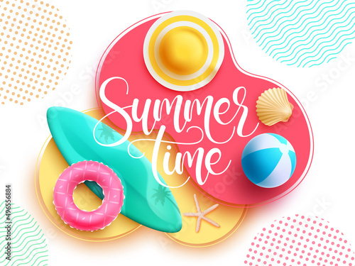 Summertime vector design. Summer time typography text in abstract shape and colorful pattern background with tropical elements for holiday season. Vector illustration.
