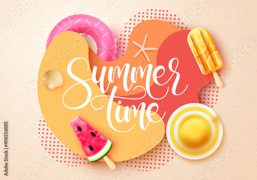 Summertime vector design. Summer time typography text in sand abstract shape with tropical season elements for sunny day vacation. Vector illustration.
