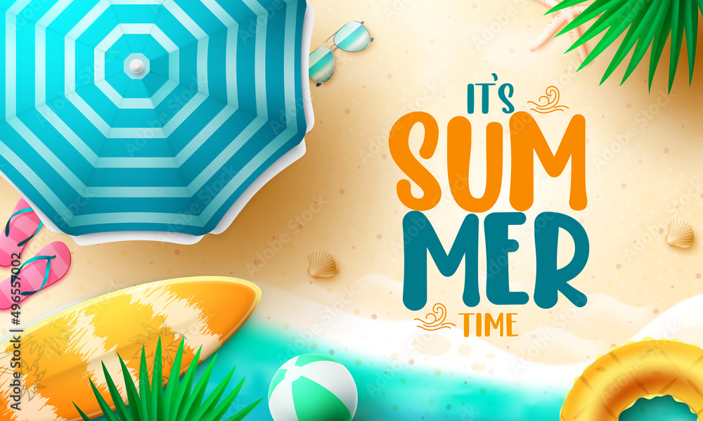 Summer time vector background design. It's summer time text in beach outdoor with sand, sea and tropical elements for fun sunny season. Vector illustration.
 - obrazy, fototapety, plakaty 