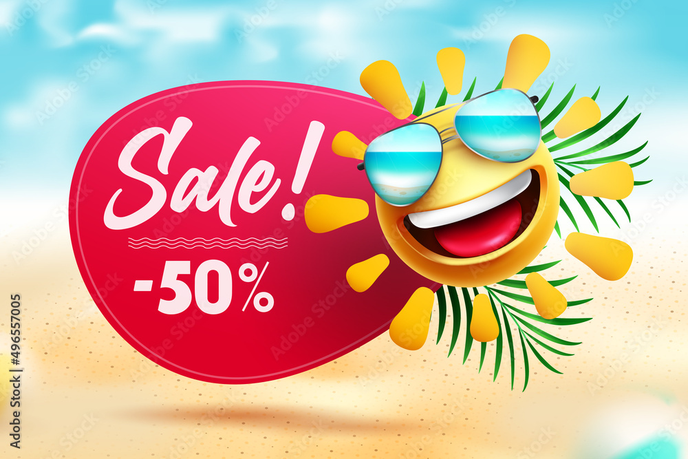 Summer sale vector banner design. Sale text and emoji in beach background with summer discount offer for seasonal travel and shopping ads. Vector illustration.
 - obrazy, fototapety, plakaty 