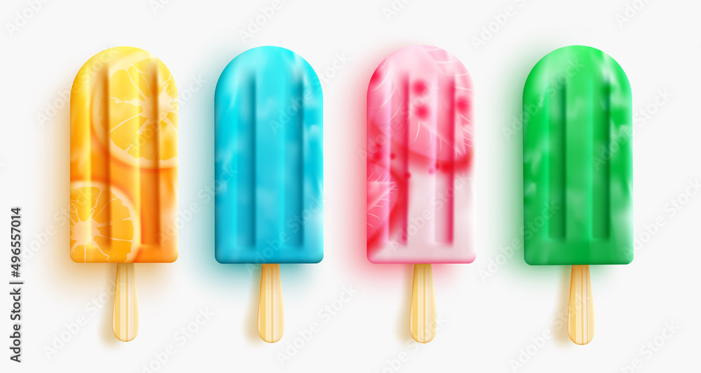 Popsicles vector set design. Popsicle desserts with orange, strawberry and sweet flavors isolated in white background for 3d realistic collection. Vector illustration.
Popsicles vector set design. Popsicle desserts with orange, strawberry and sweet flavors isolated in white background for 3d realistic collection. Vector illustration.