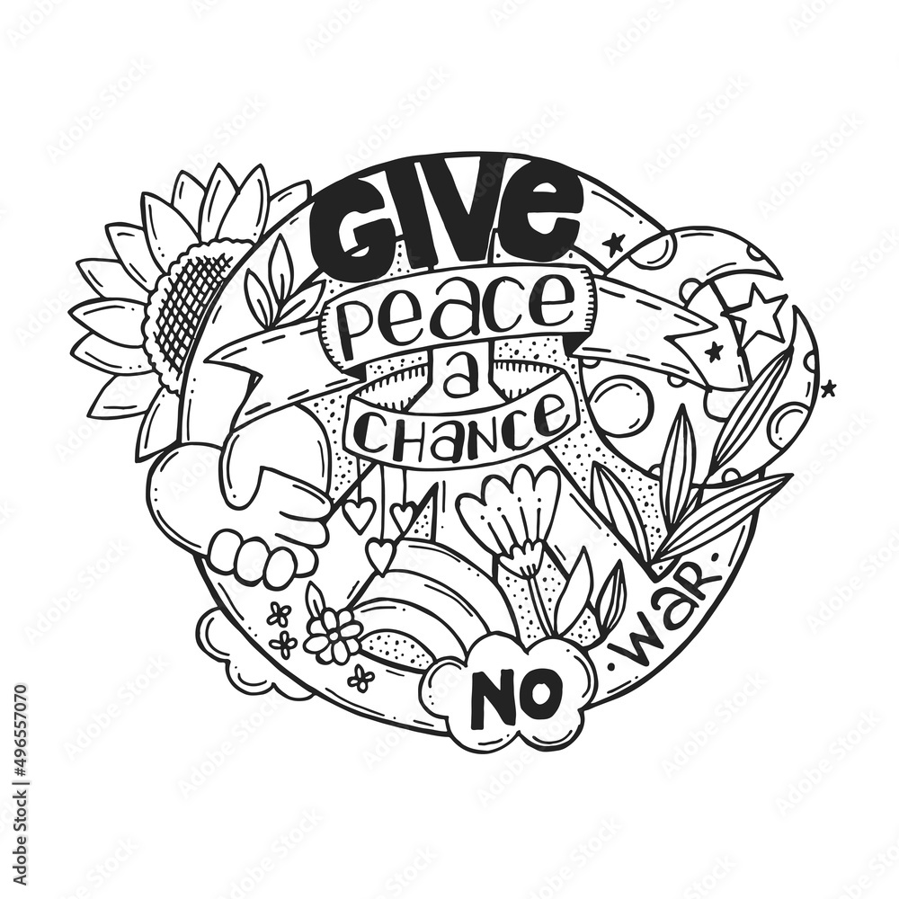 A symbol of peace with lettering and doodle elements. A hand-drawn doodle. Give peace a chance. No war in Ukraine. Black lineart on a white background.