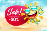 Summer sale vector banner design. Sale text and emoji in beach background with summer discount offer for seasonal travel and shopping ads. Vector illustration. 