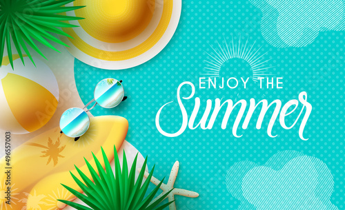 Summer vector background design. Enjoy the summer text in blue pattern with hat, beachball and surfboard elements for tropical season holiday. Vector illustration.
