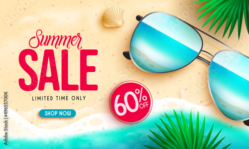 Summer sale vector banner design. Summer sale text in beach sand background with limited time discount offer for seasonal promotion ads. Vector illustration.
