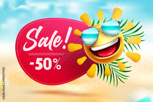 Summer sale vector banner design. Sale text and emoji in beach background with summer discount offer for seasonal travel and shopping ads. Vector illustration.

