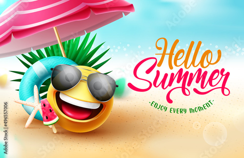 Summer greeting vector design. Hello summer text in beach background with emoji character, umbrella and floater elements  for sunny tropical season. Vector illustration.
