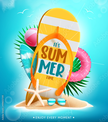 Summer vector concept design. It's summer time text in giant flip flop with beach background tropical season objects for holiday decoration. Vector illustration.
