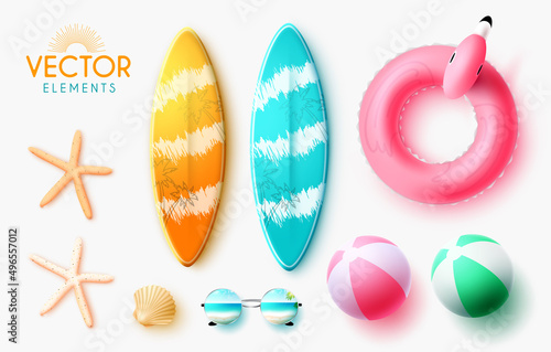 Summer elements vector set design. Summer 3d surfboards, beachball, floater and seashell element isolated in white background for tropical season collection. Vector illustration.
