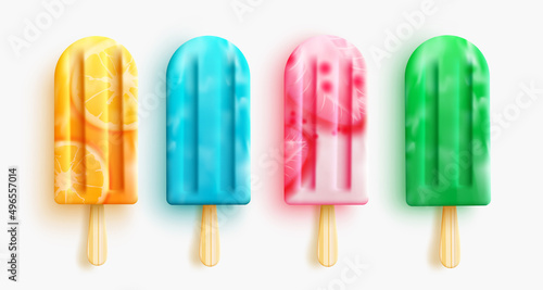 Popsicles vector set design. Popsicle desserts with orange, strawberry and sweet flavors isolated in white background for 3d realistic collection. Vector illustration.

