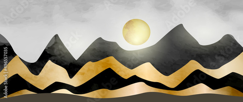 Abstract landscape art background with golden and dark mountains and hills for decoration, interior design, print