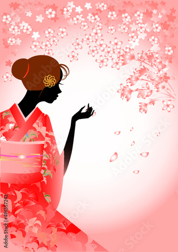 女性、着物、シルエット、桜