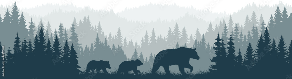 vector mountains forest woodland background texture seamless pattern with black bear family - obrazy, fototapety, plakaty 