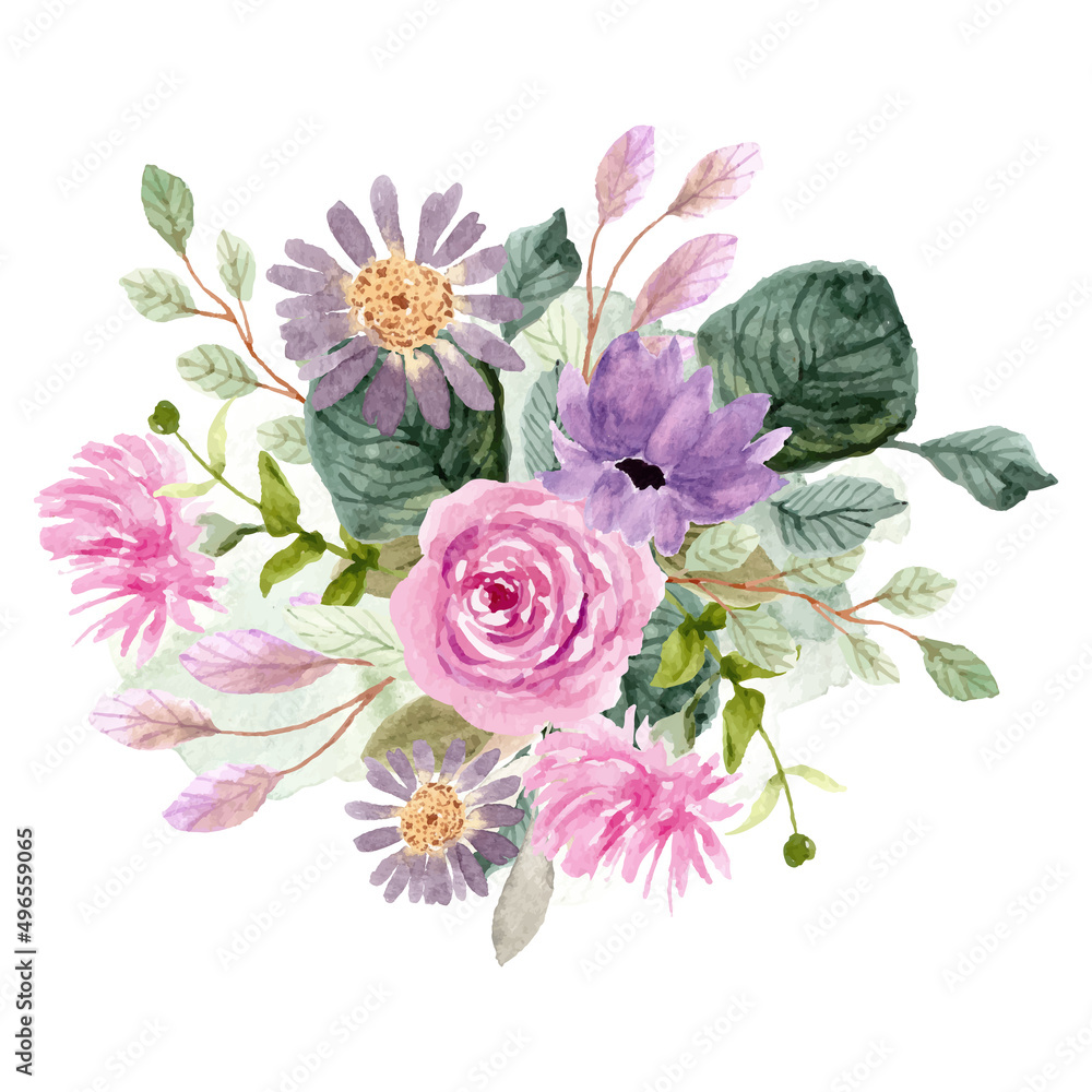 purple pink watercolor floral arrangement