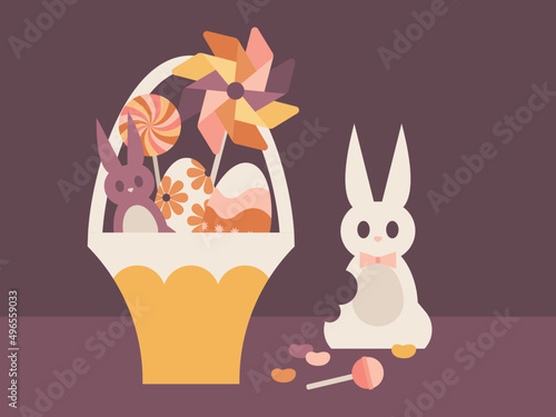 Easter Basket full of candy. Chocolate Bunny. Candy. Pinwheel. Decorated Easter Eggs. Set of flat vector illustrations. Easter egg hunt. Holiday invitations and cards. Cute for kids.