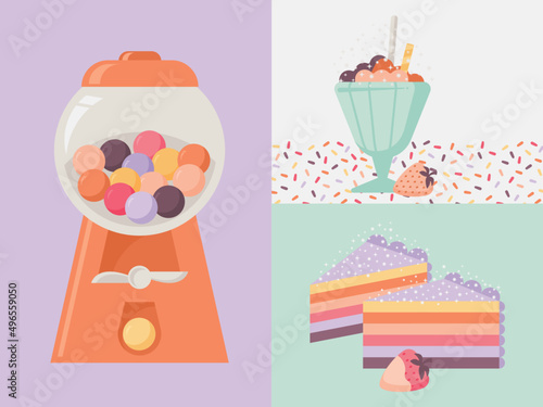 Gumball Machine. Float. Cake. Set of flat vector illustrations. Hand drawn trendy sweets. Desserts for birthday party invitations and cards. Cute for kids. 