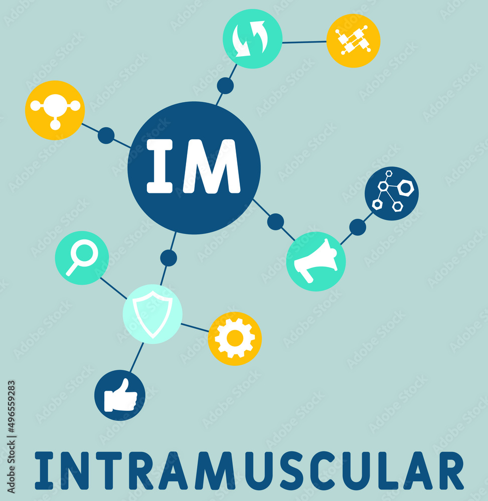 IM - Intramuscular acronym. medical concept background. vector illustration concept with keywords and icons. lettering illustration with icons for web banner, flyer, landing IM - Intramuscular acronym. medical concept background. vector illustration concept with keywords and icons. lettering illustration with icons for web banner, flyer, landing
