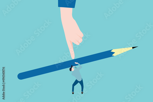 depressed panic businessman fear of giant pointing finger blame his pencil for mistake. Fear of failure, loser afraid of business mistake, stressed from work pressure, scared or challenge concept.