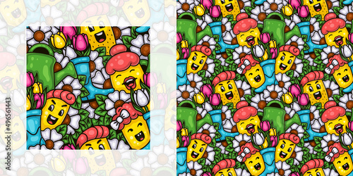 Spring seamless doodle pattern of kids and parents enjoying a flower garden | Pattern swatch included